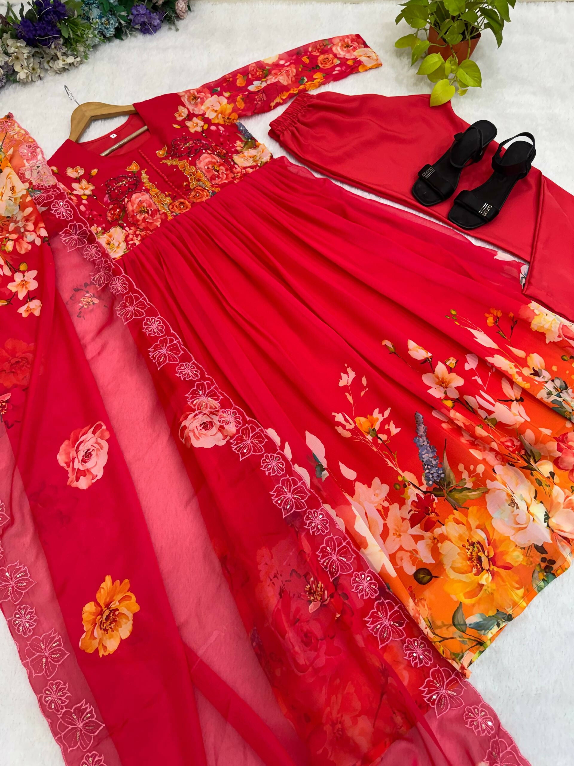 Teeya Creation Womens New Fancy Fox Georgette Heavy Quality Fabricwith Handwork Gown Set - Dista