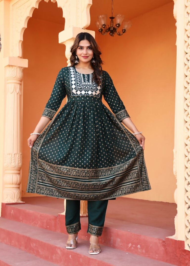 Alvano Women's Embroidery work Print Naira Cut Kurti with Pant and Dupatta set Rayon - Distacart