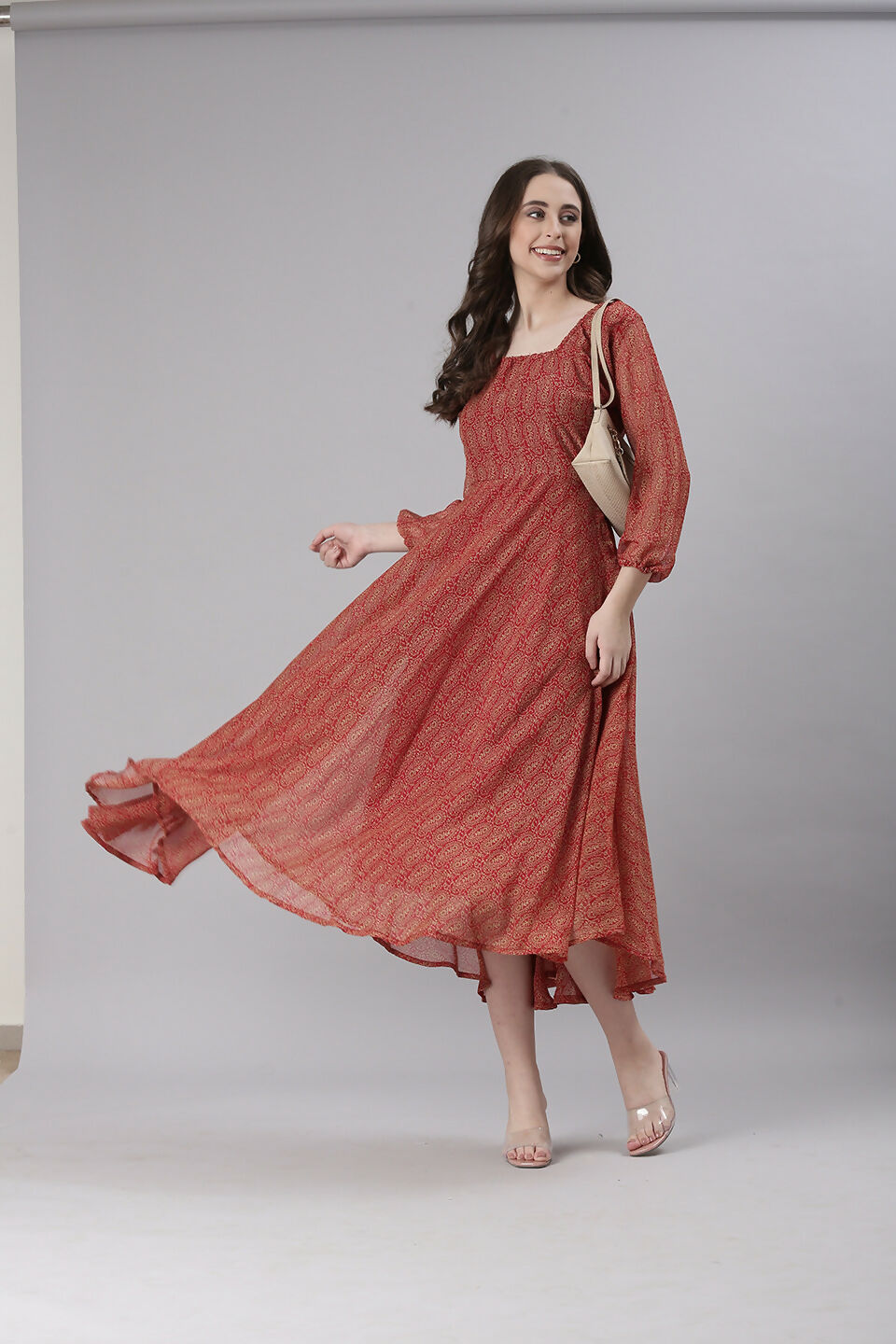 Souchii Rust Orange Printed Fit & Flare Dress