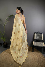 Thumbnail for Joban Fashion Light Yellow Handloom Banarasi Organza Silk Khatali Butta Work Saree - Distacart