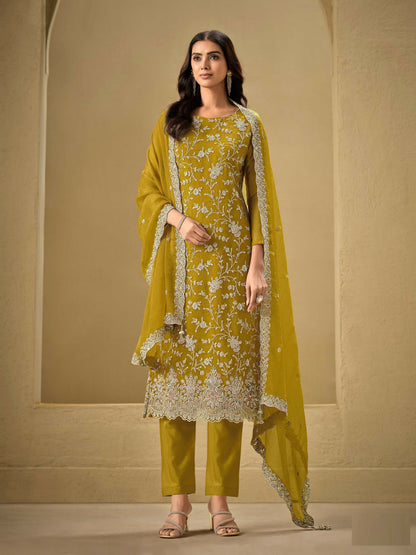 Anaita Mustard Embroidered Silk Stitched Salwar suit - Distacart