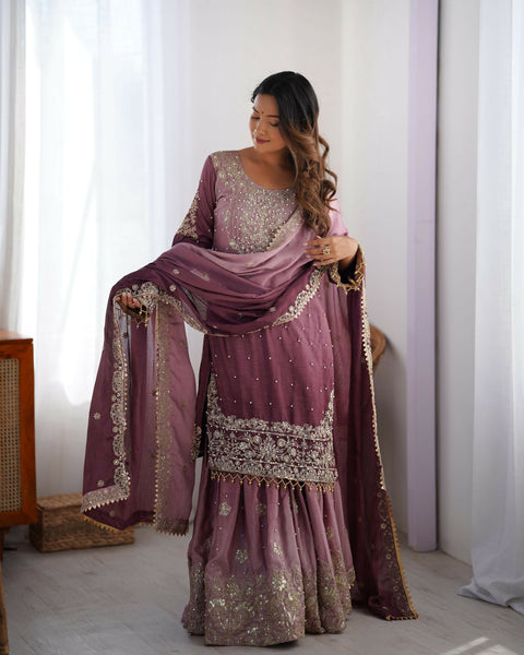Joban Fashion Onion Pink Palazzo Chinon silk Coding Dori with Sequence with Rivet Moti