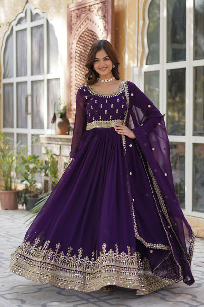 Joban Fashion Purple Georgette Sequence Embroidery Work Kurta Set - Distacart