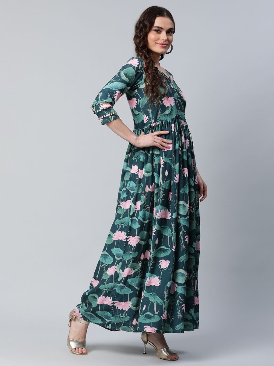 Ahalyaa Women Dark Green Crepe Digital Print Dress - Distacart