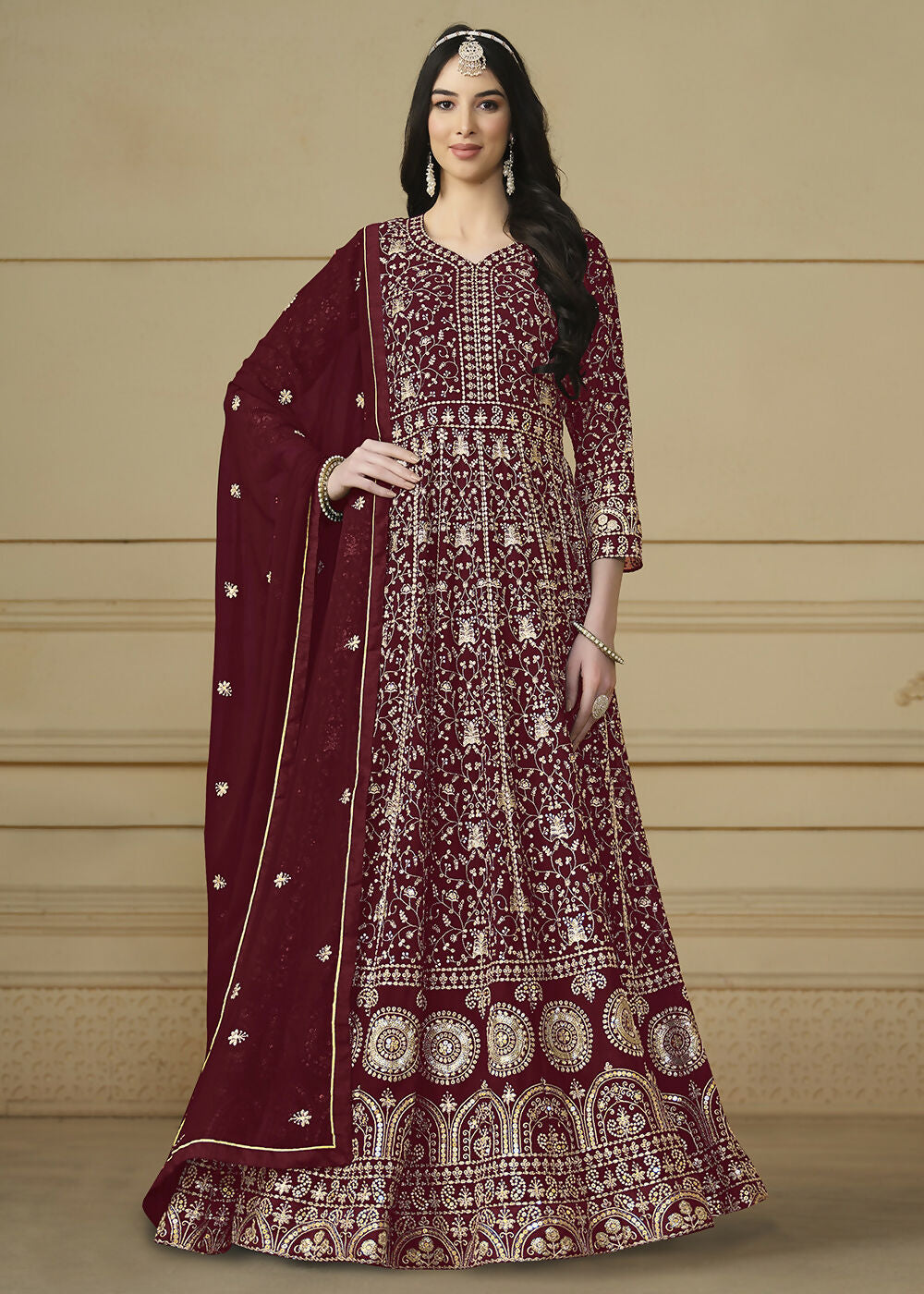 Maroon Embroidered Trendy Style Anarkali Suit - Emponline - Distacart