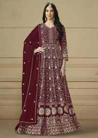 Thumbnail for Maroon Embroidered Trendy Style Anarkali Suit - Emponline - Distacart