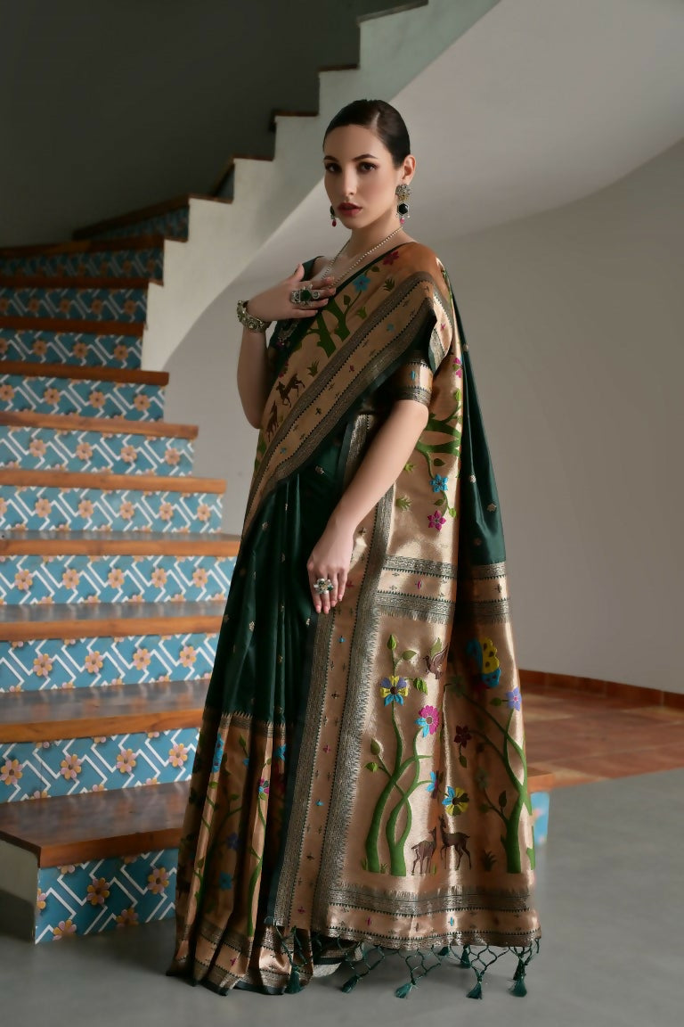Vishnu Weaves Women's Bt-Green Paithani Silk Zari Woven Saree with Blouse