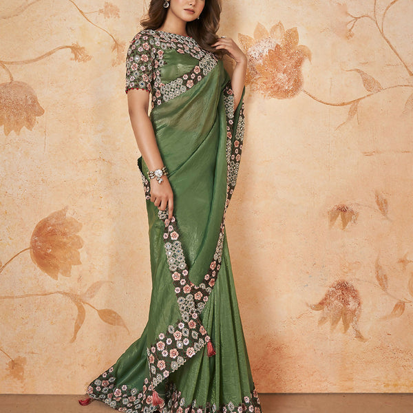 Green Banarasi Crush Silk Thread, Sequence, Cord Embroidered with Stone & Mirror Work Saree - Mohmanthan Dakshika - Distacart