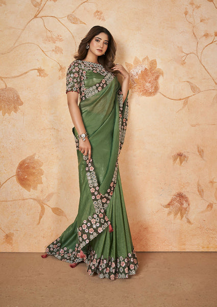 Green Banarasi Crush Silk Thread, Sequence, Cord Embroidered with Stone & Mirror Work Saree - Mohmanthan Dakshika - Distacart