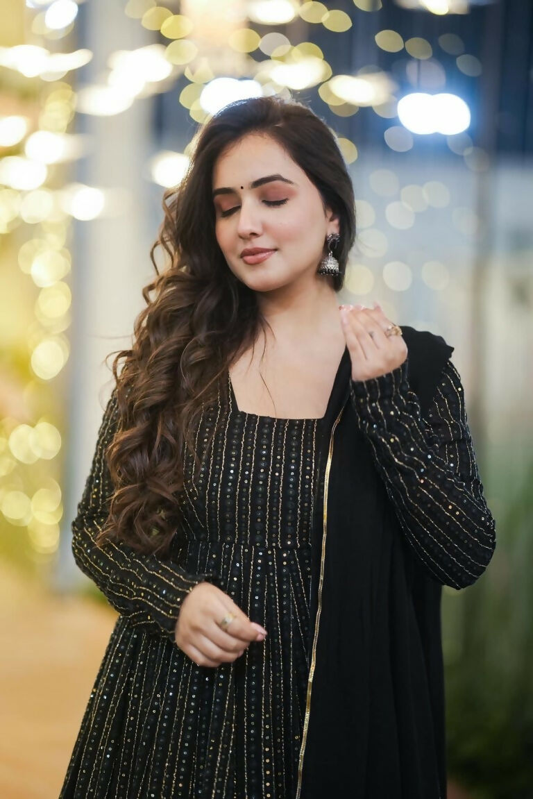 Jyoti Fashion Women's Black Faux Georgette Zari Embroidery with Sequence Anarkali Dress with Dupatta - Distacart
