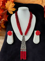 Thumbnail for Inhanns Day-To-Dinner Tie Shaped Oxidized Black Metal Multi-Layered Long Necklace Set - Red - Distacart