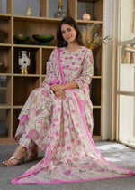 Thumbnail for Jaimini Women Cotton Printed Round Neck 3/4 Sleeves Calf Length Flared Kurta Pant And Dupatta Set - Dista