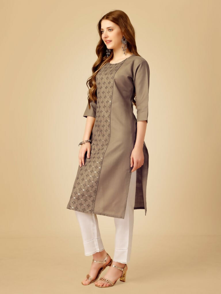 Jyoti Fashion Women's Khaki Cotton Blend Embroidered Kurta Pant Set - Distacart