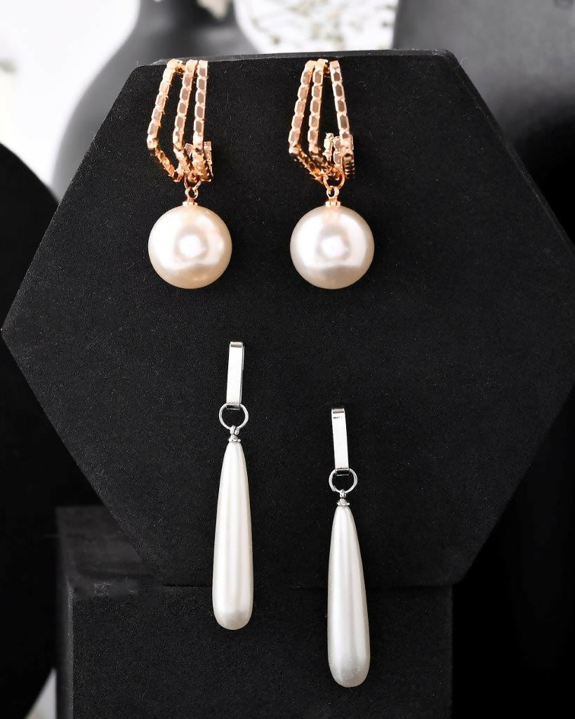 VOJ Set Of 2 Korean Drop Earrings - Gold Plated and Silver Plated With White Pearl - Distacart