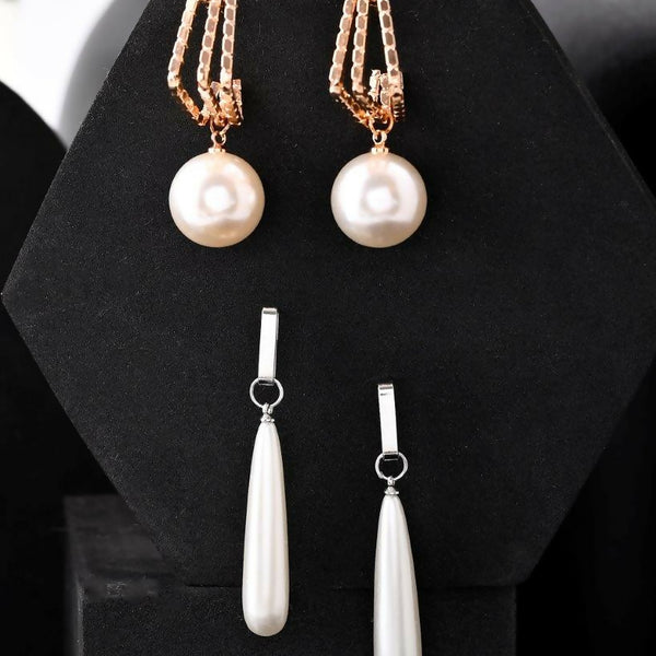VOJ Set Of 2 Korean Drop Earrings - Gold Plated and Silver Plated With White Pearl - Distacart