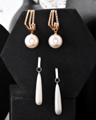 VOJ Set Of 2 Korean Drop Earrings - Gold Plated and Silver Plated With White Pearl - Distacart