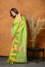 Thumbnail for Very Much Indian Handloom Pure Cotton Linen Saree With Golden Border - Light Green - Distacart