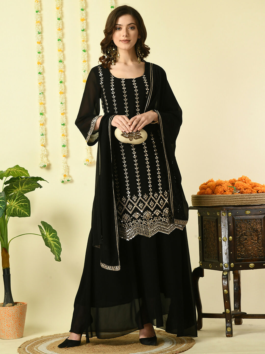 Myshka Women's Black Georgette Kurta & Skirt With Dupatta Party Sets - Distacart