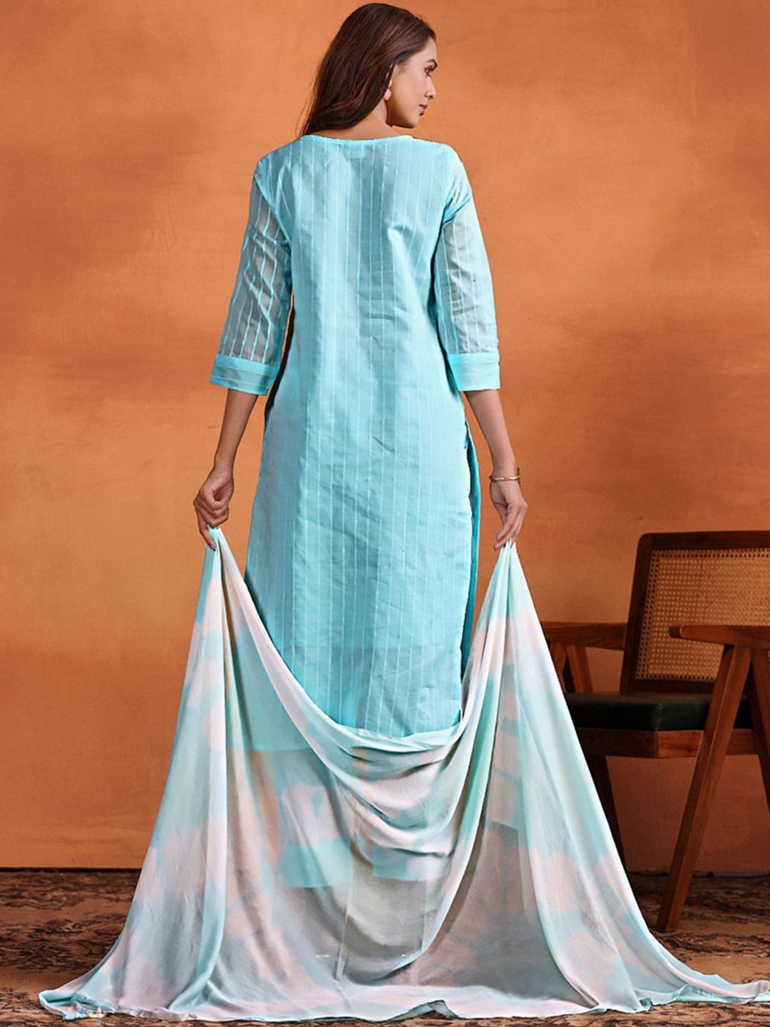 Sangria Ethnic Motifs Embroidered Thread Work Chanderi Cotton Kurta Trouser & Dupatta