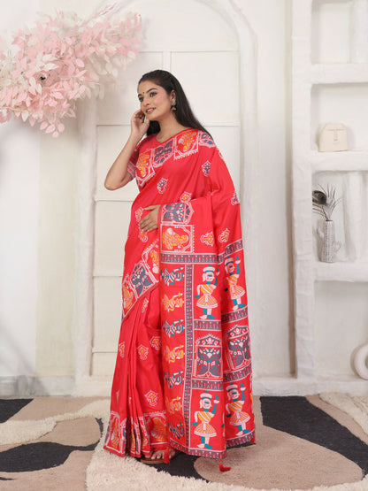 Shree Shyam Fashion Silk Blend Red Saree - Distacart