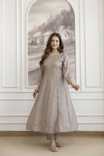 Thumbnail for The52 Chiku Women's Beautiful Vichitra Silk Fabric Embroidered Work Flared Anarkali Pant and Dupatta Set