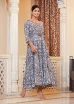 Thumbnail for Kaajh Women's Grey Ethnic Floral Hand Block Print Cotton Dress - Distacart