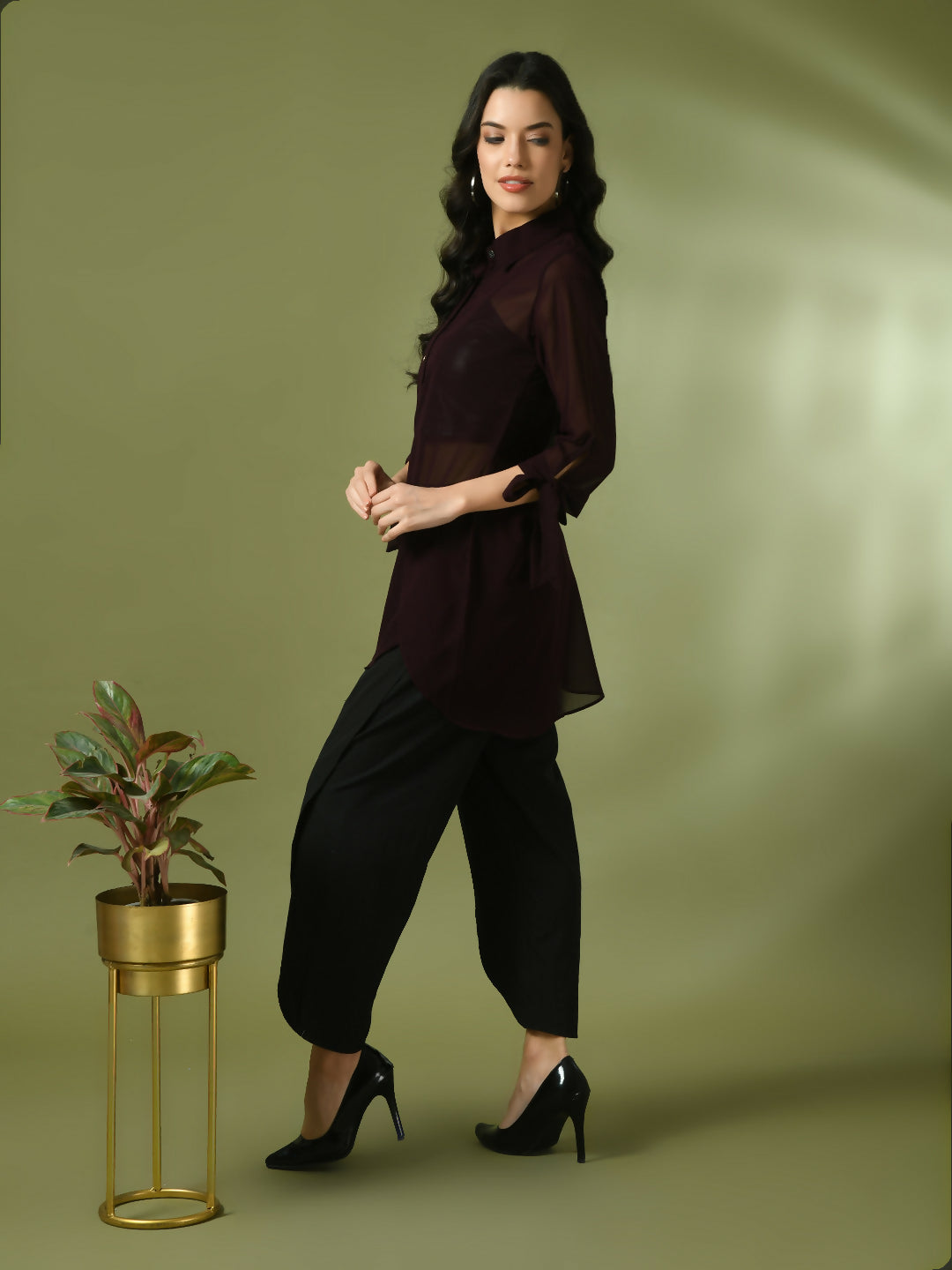 Myshka Women's Coffee Brown Solid Georgette Longline Party Sheer Tunic - Distacart