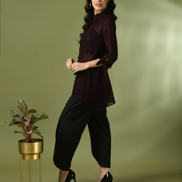 Myshka Women's Coffee Brown Solid Georgette Longline Party Sheer Tunic - Distacart