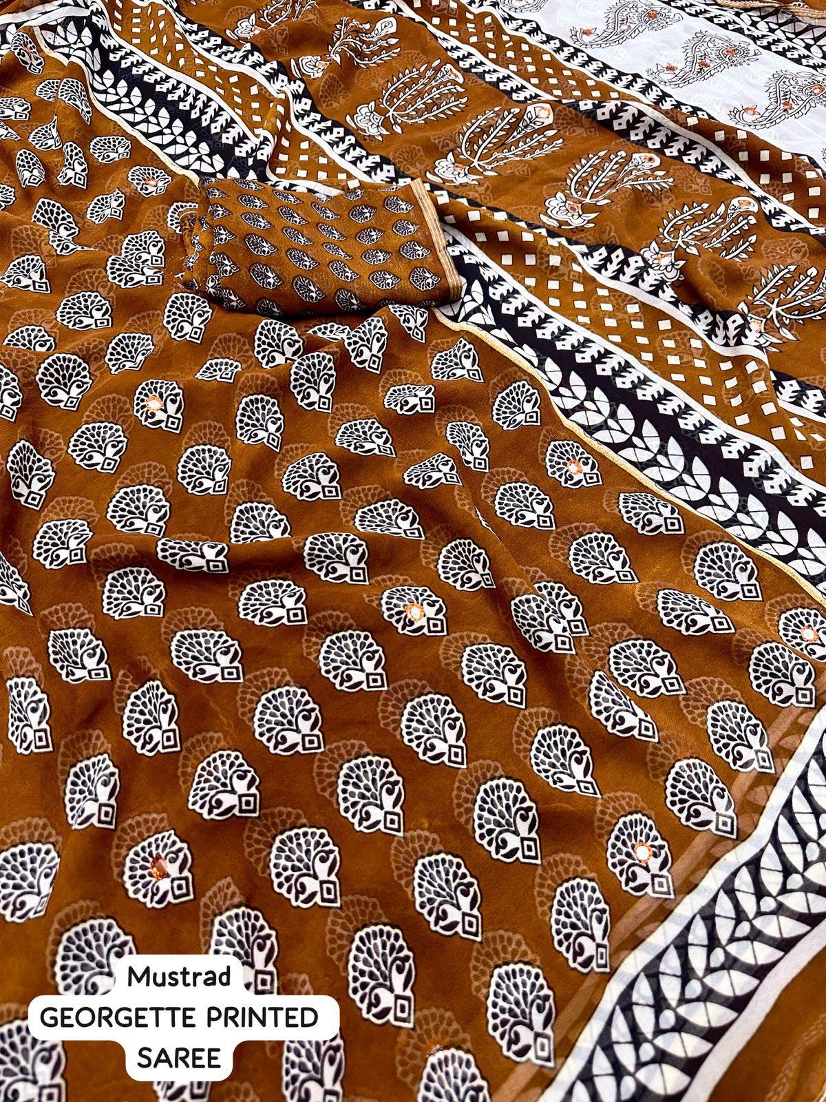 Mustard Poly Georgette Ajrak Saree with Unstitched Blouse - Hiral Fashion - Distacart