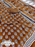Thumbnail for Mustard Poly Georgette Ajrak Saree with Unstitched Blouse - Hiral Fashion - Distacart