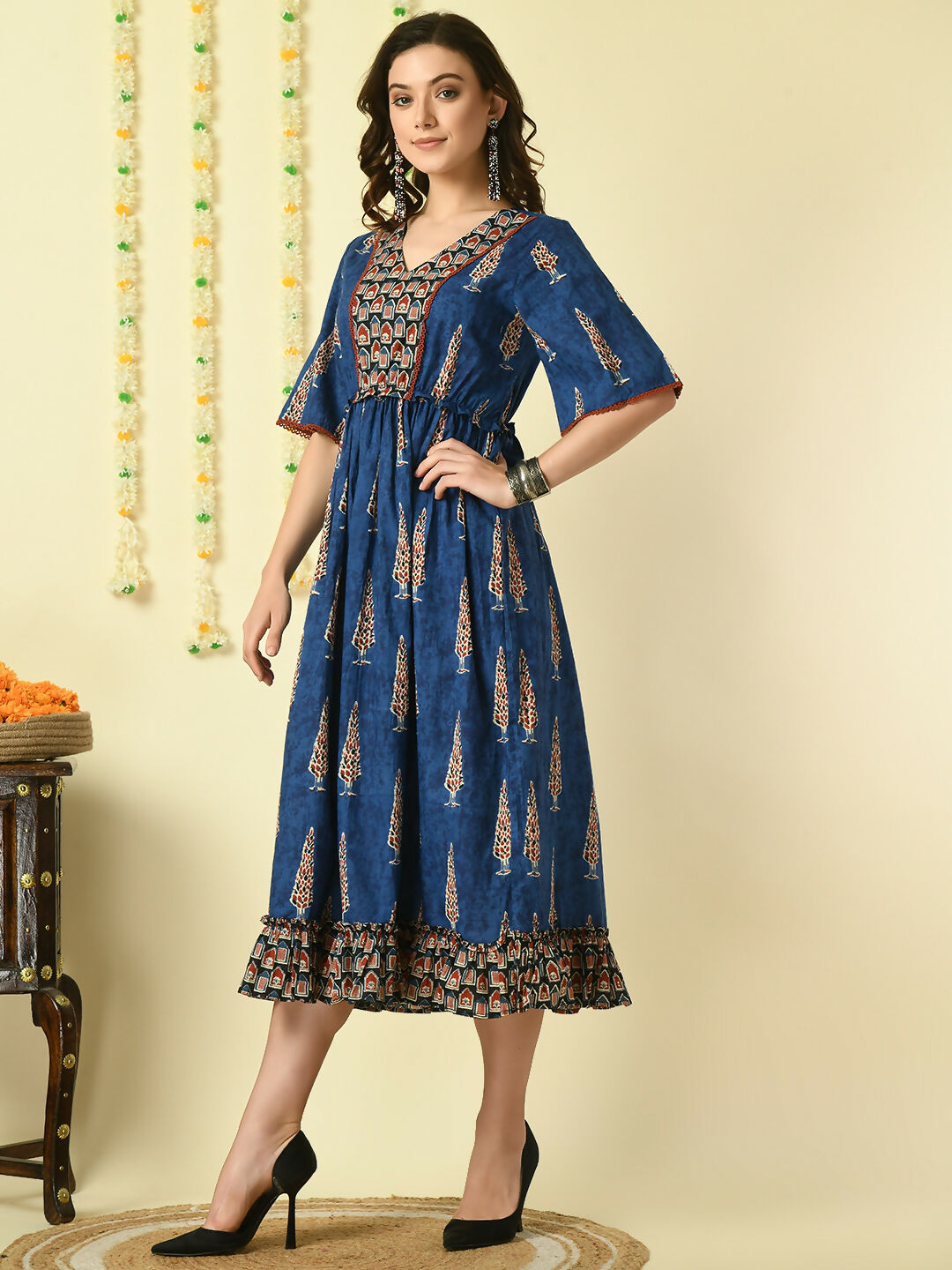 Myshka Women's Blue Printed Cotton Party Dress - Distacart