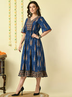 Thumbnail for Myshka Women's Blue Printed Cotton Party Dress - Distacart