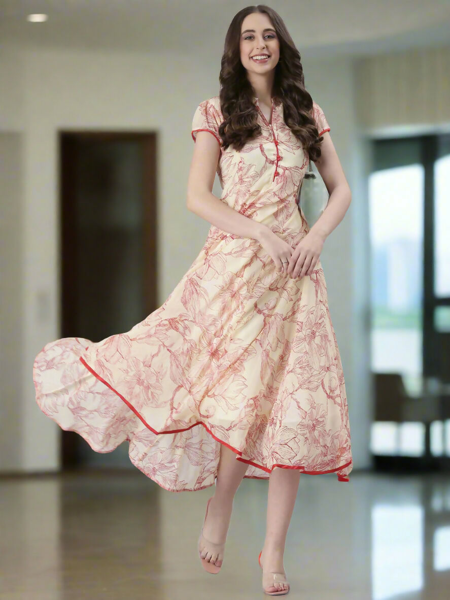 Souchii Floral Tiered Midi Dress For Women – Elegant Beige Button-Front A-Line