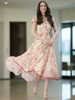 Thumbnail for Souchii Floral Tiered Midi Dress For Women – Elegant Beige Button-Front A-Line