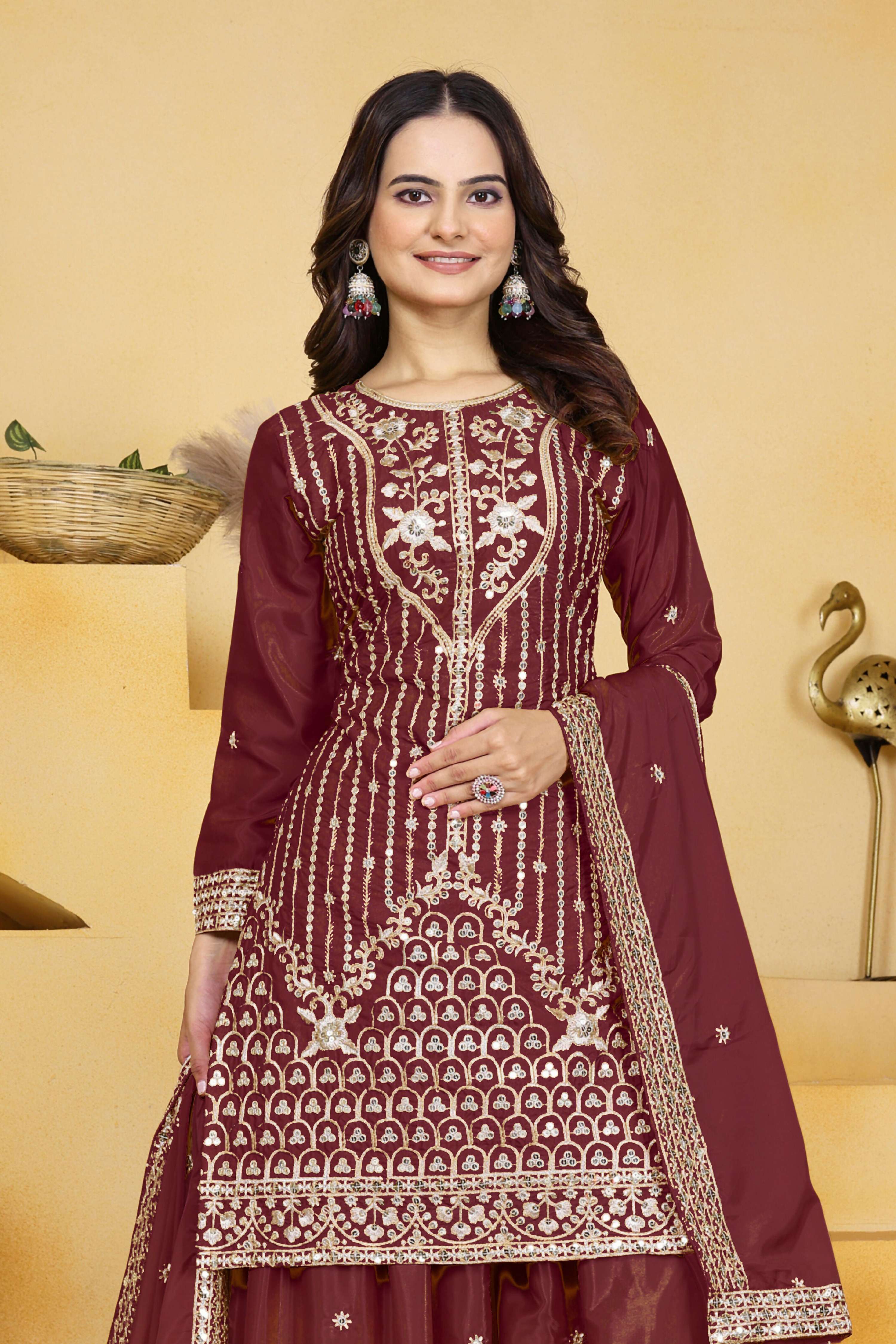 Lehenga Mart Designer Sharara Suit With Kurta, Sharara, Dupatta For Women-Maroon - Distacart