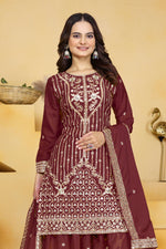 Thumbnail for Lehenga Mart Designer Sharara Suit With Kurta, Sharara, Dupatta For Women-Maroon - Distacart