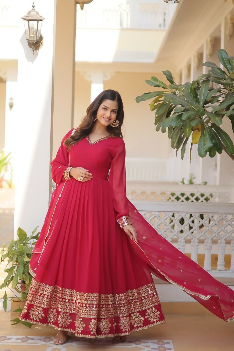 Aastha Fashion Women's Rani Pink Faux Georgette Sequins Embroidered Anarkali Dress with Dupatta - Distacart