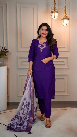 Preksha Creation Premium Purple Roman Silk Hand Work Kurti Pant Dupatta Set