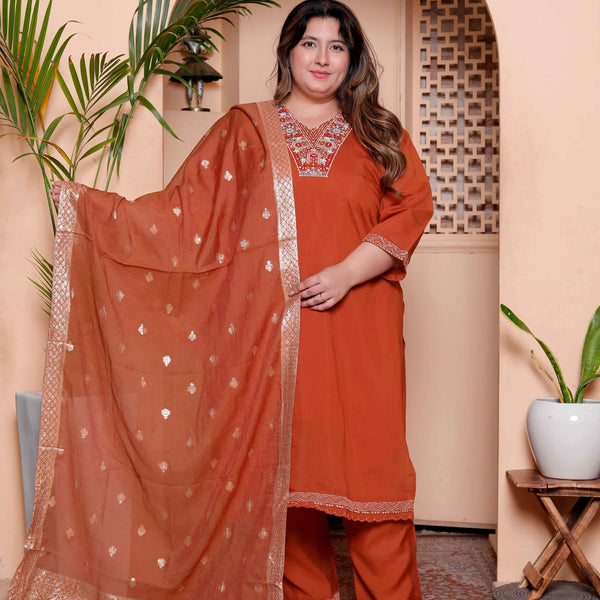 Miravan Women's Plus Size Orange Embroidered Straight Kurta with Palazzo and Dupatta set - Distacart