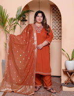 Thumbnail for Miravan Women's Plus Size Orange Embroidered Straight Kurta with Palazzo and Dupatta set - Distacart