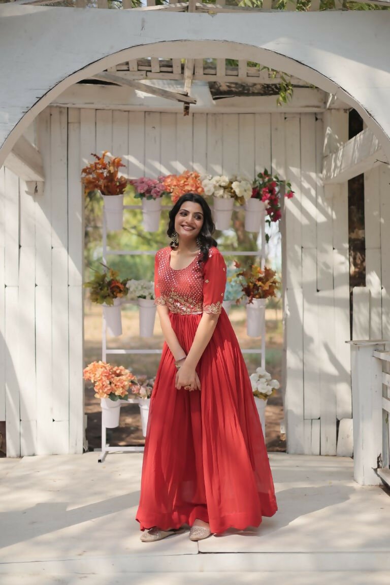 Aastha Fashion Women's Orange Faux Blooming Embroidery Zari Sequins-work Gown - Distacart