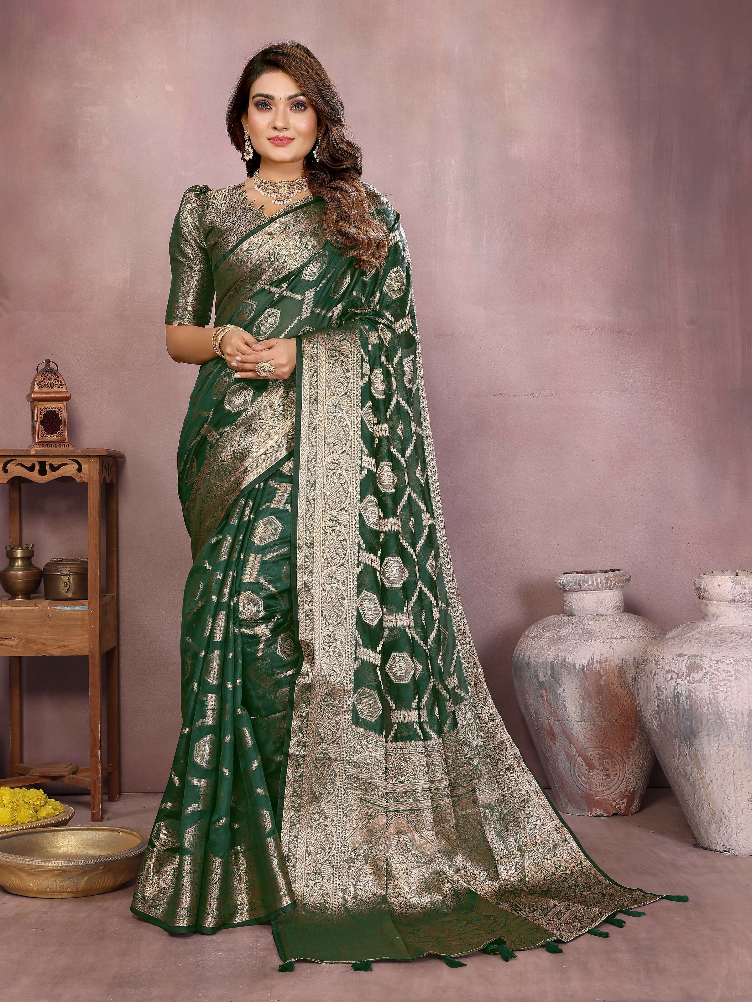 Aastha Fashion Green Soft Organza Silk Weaving Saree - Distacart