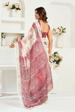 Thumbnail for Vastranavya White Maroon Digital Printed Linen Ready To Wear Designer Saree with Unstitched Blouse - Distacart