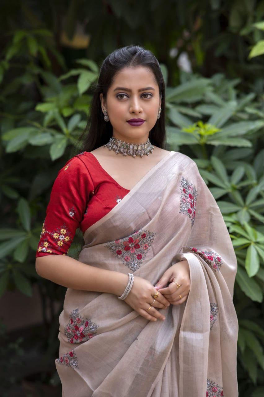 Fossil Pure Linen Ethnic Motifs Saree with Unstitched Blouse - Hiral Fashion - Distacart