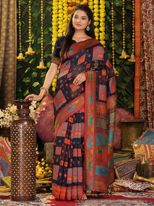 Astita Linen Cotton Navy Blue Saree