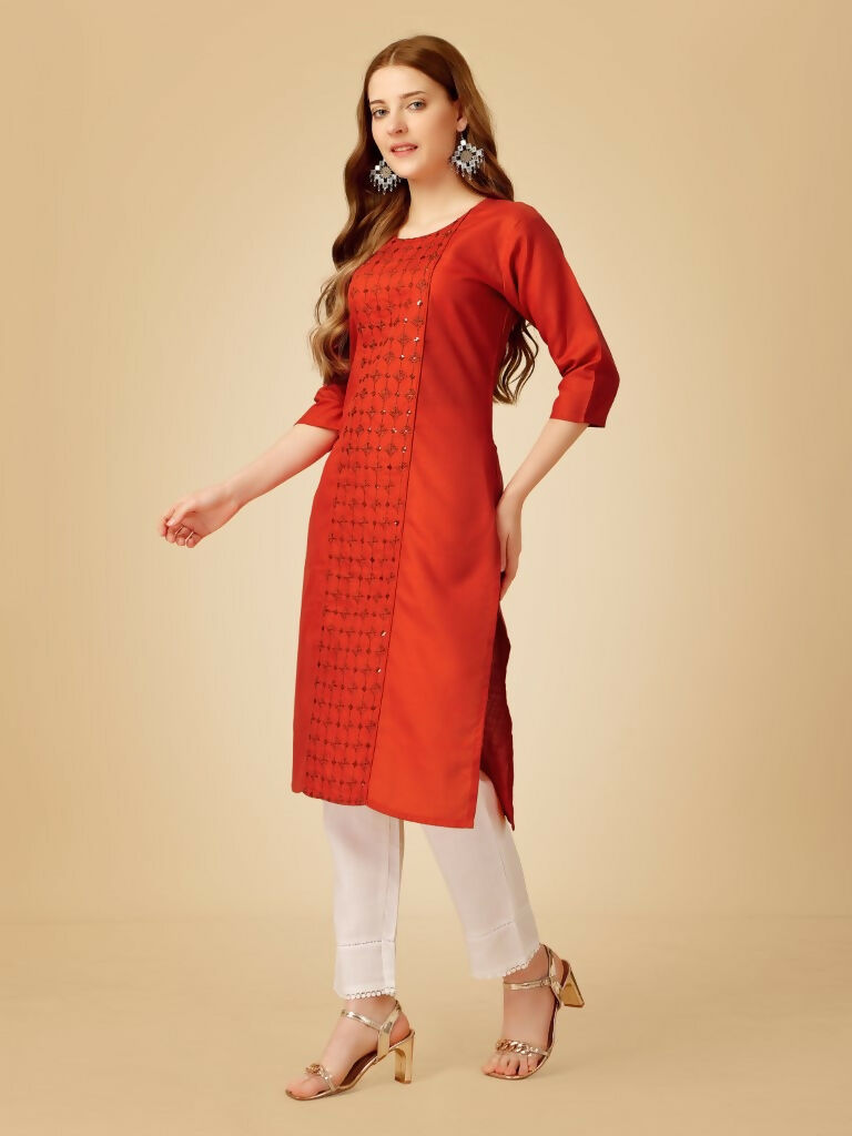 Jyoti Fashion Women's Rust Cotton Blend Embroidered Kurta Pant Set - Distacart
