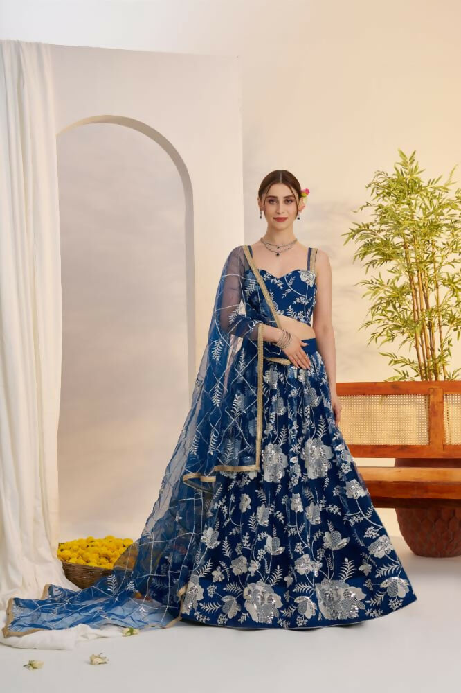 Aastha Fashion More Peach Blue Butterfly Net White Cotton Thread Work And Sequence Work Embroidery Wedding Wear Lehenga Choli - Distacart