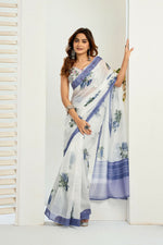 Thumbnail for Vastranavya Blue Digital Printed Linen Ready To Wear Designer Saree with Unstitched Blouse - Distacart