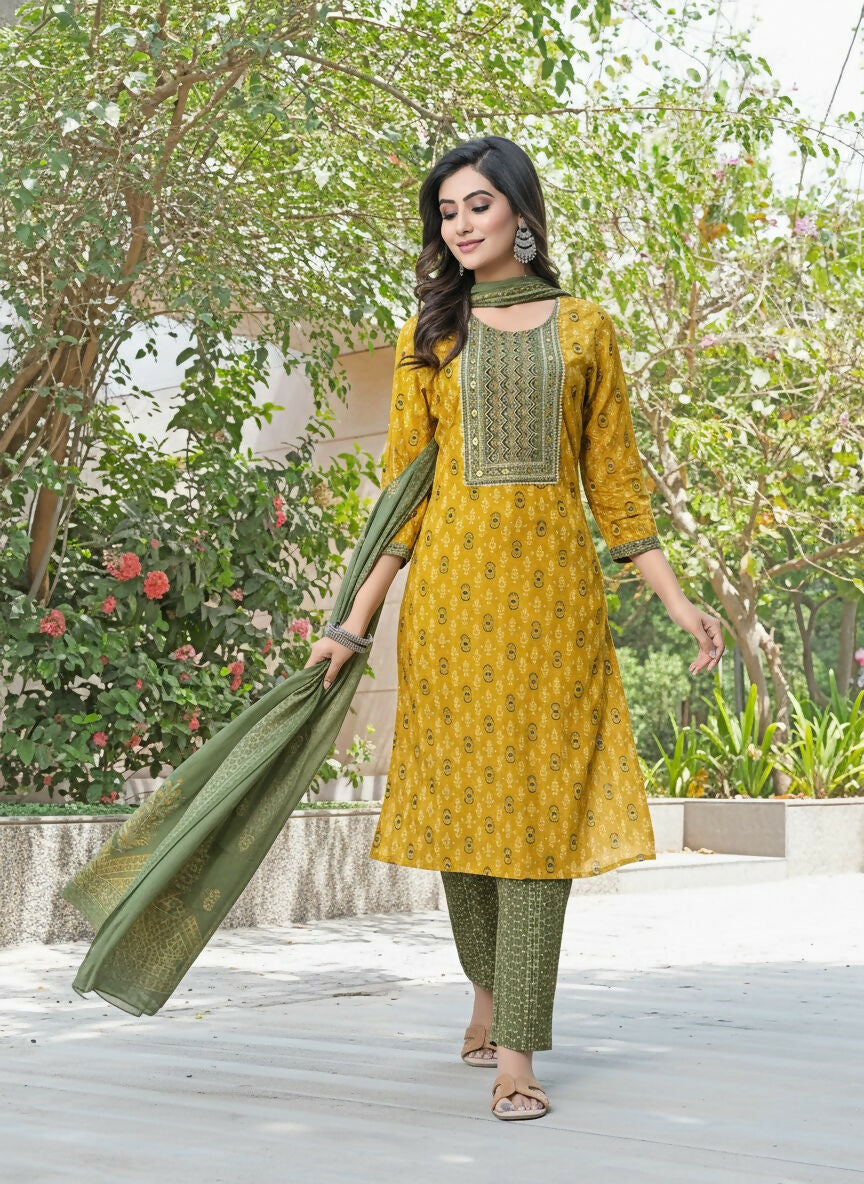 BulBul Aaliya Mustard Cotton Kurta Set with Dupatta