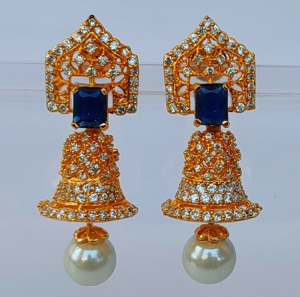 AD Bell Type Jhumkas with Blue Stone - Distacart
